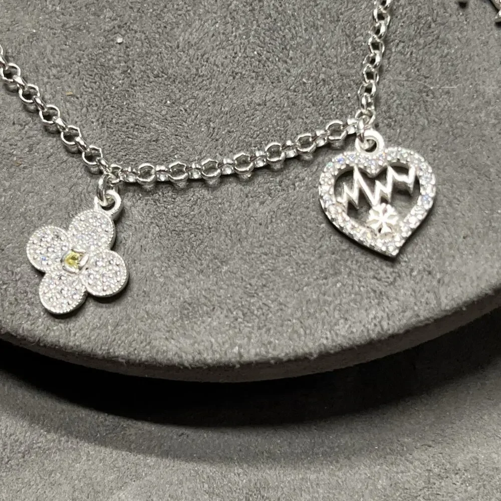 Silver Chain Charm Bracelet, Key Beating Heart Clover Boy Tree 5 Charms 925